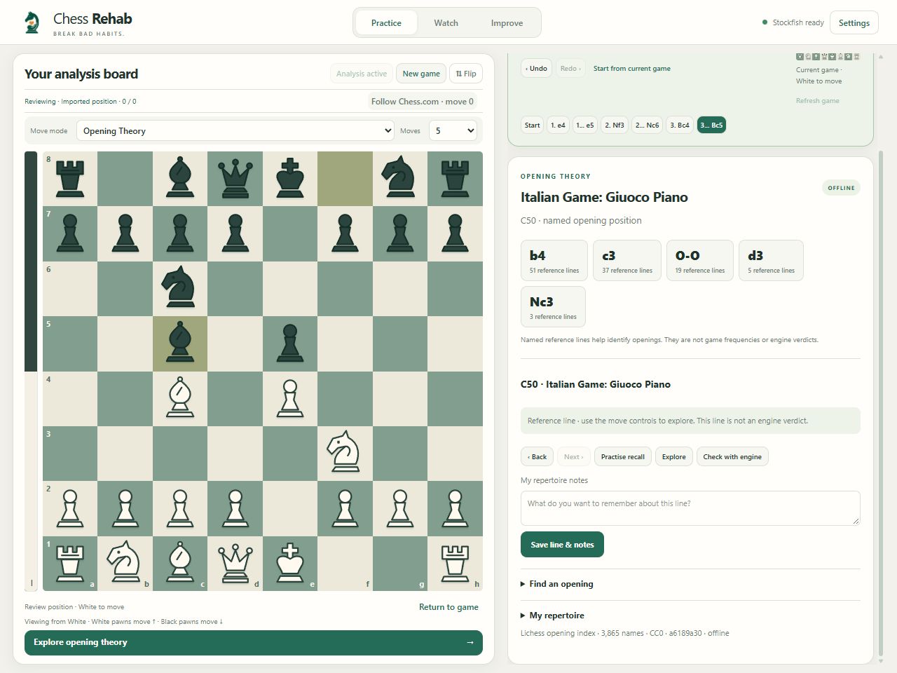 Chess Rehab Windows interface with a prominent chessboard and Opening Theory study controls