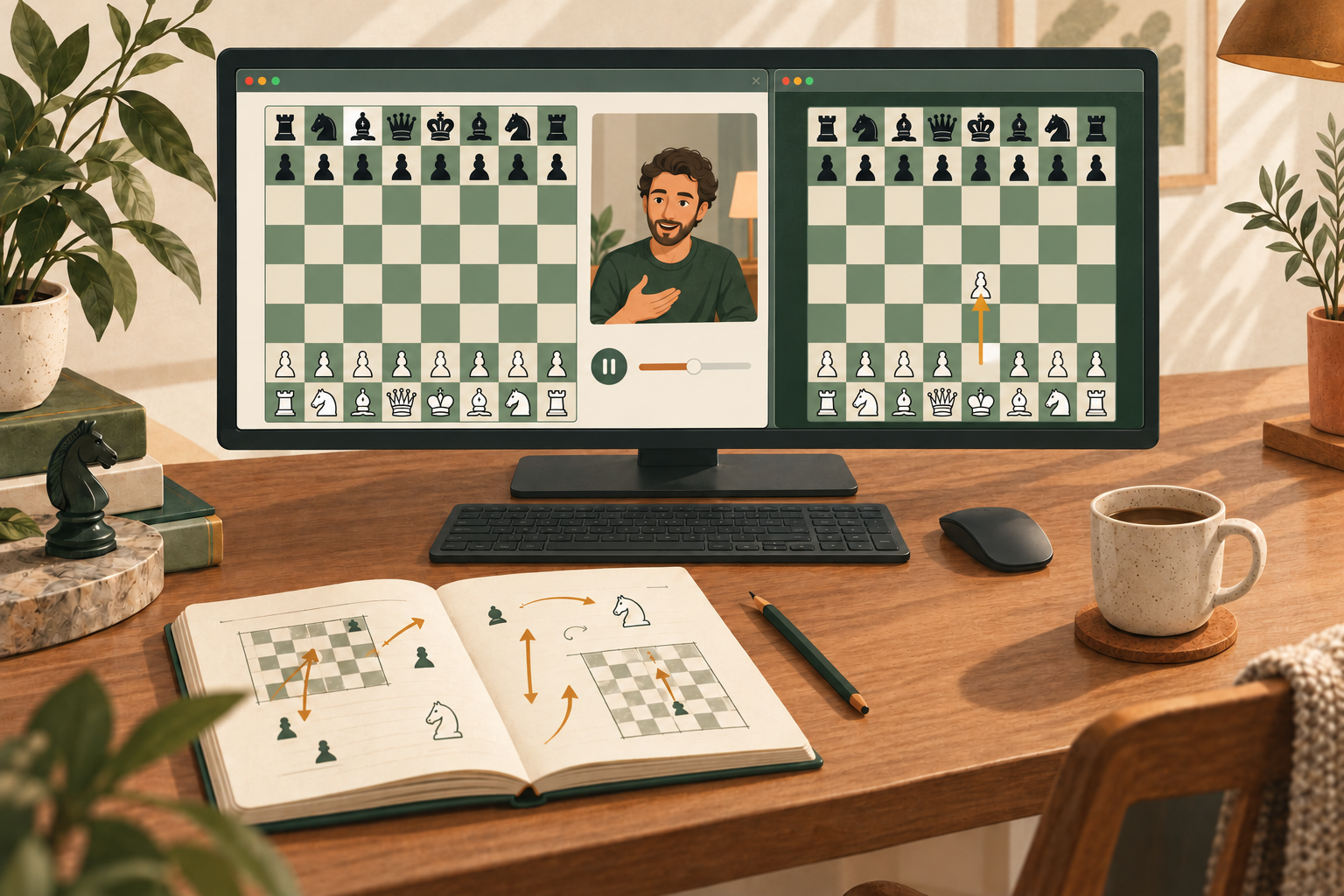Illustrated desktop PC with one monitor split into a chess lesson window and a separate chess analysis window, with a keyboard, mouse and study notebook